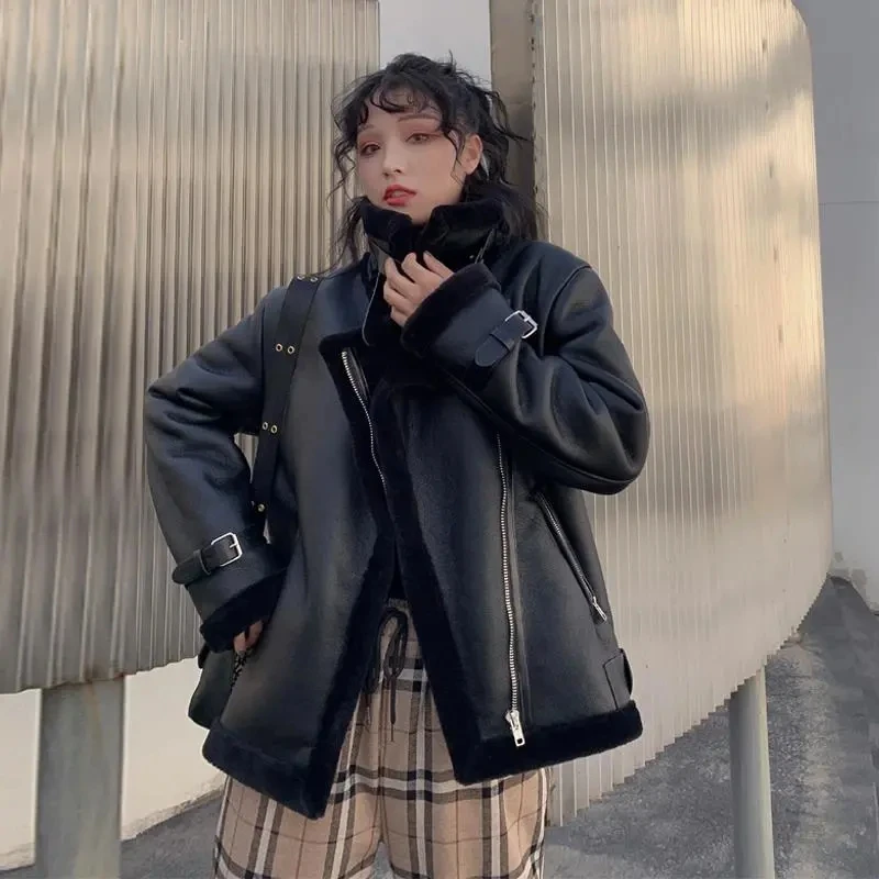 

New Winter Coat Women Thick Faux Leather Fur Sheepskin Coat Female Fur Leather Jacket Aviator Jacket Casaco Feminino Zipper Coat