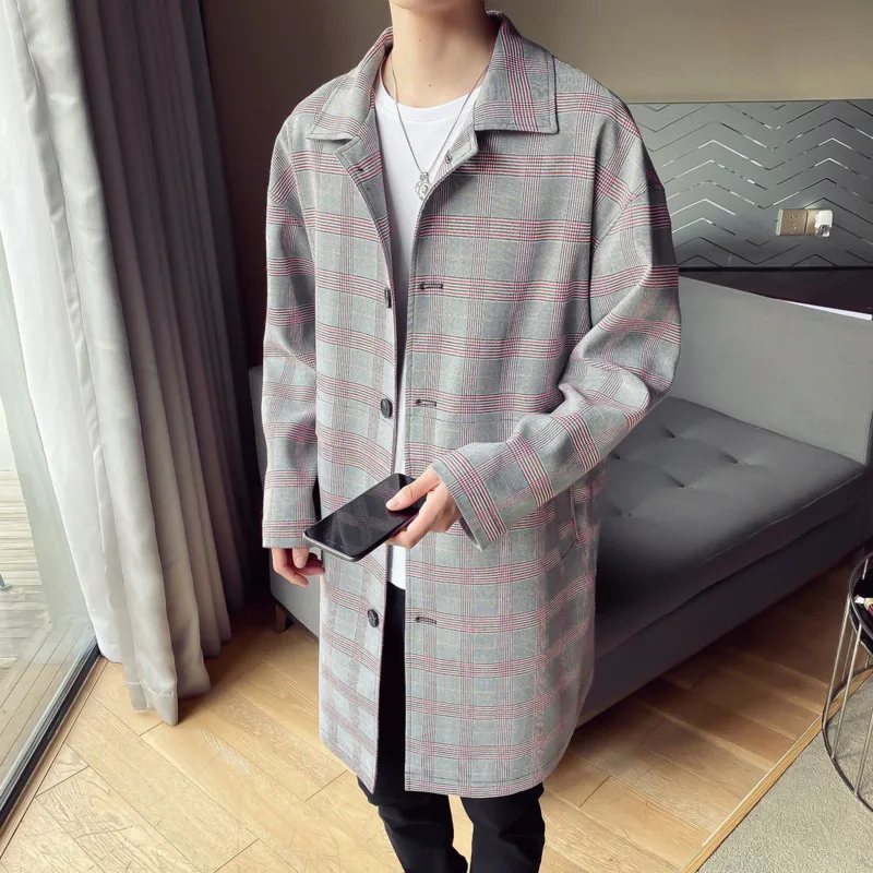 

Autumn Plaid Trench Coat Men's Fashion Retro Casual Long Coat Men Streetwear Loose British Style Jacket Windbreaker Mens M-2XL