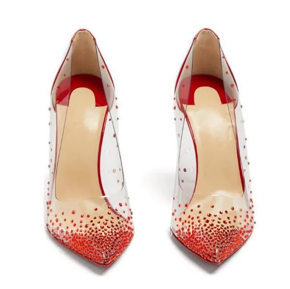 Брендовые женские туфли-лодочки; красные прозрачные свадебные туфли из ПВХ; туфли-лодочки на высоком каблуке с острым носком и кристаллами; красные свадебные туфли из лакированной кожи для вечеринки
