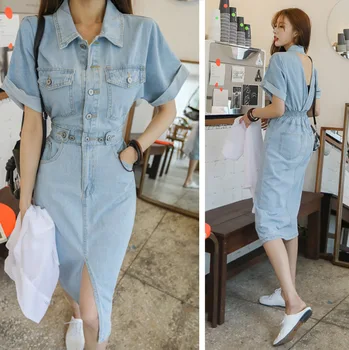 

Jeans Pencil Dress 2019 Women Denim Long Vestidos One-piece Dress Bodycon Split Women Blue Cotton Clothing Open Back LT627S30