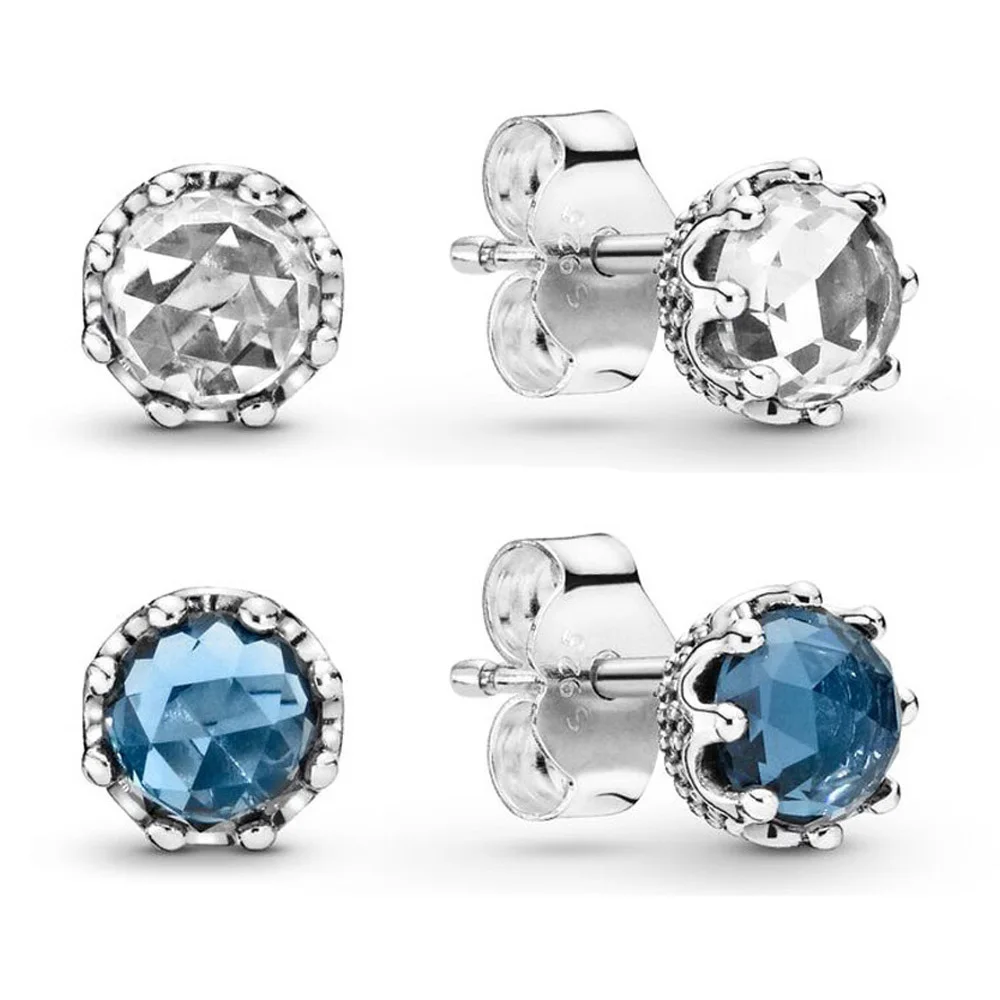 Аутентичные 925 пробы Серебряные Оригинальные прозрачные синие сверкающие короны Европа серьги-гвоздики для женщин шарик Шарм подарок DIY ювелирные изделия