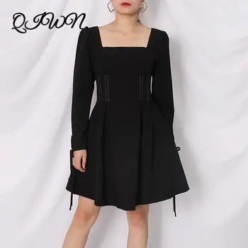 

Runway Sexy Party Clothes Black 2020 Autumn Fashion Elegant Square Neck Lace-up High Waist Mini Dress Female Trend Brand Design