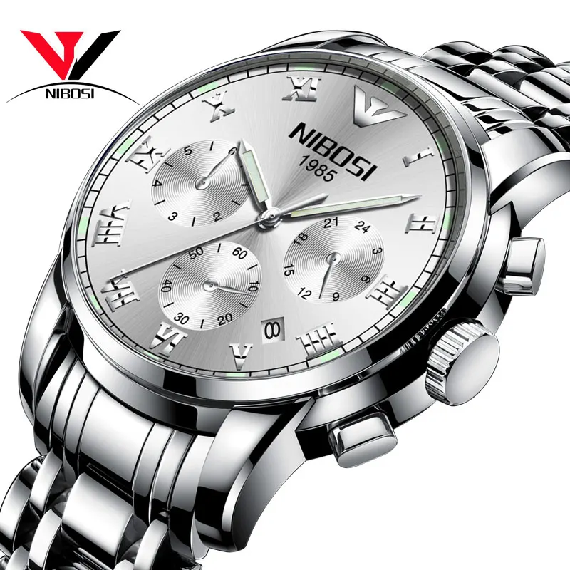 

NIBOSI Mens Watches Top Luxury Brand Waterproof Sport Wrist Watch Chronograph Quartz Military Genuine Leather Relogio Masculino