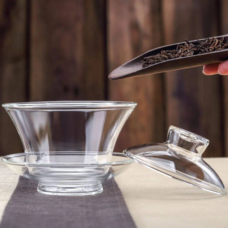 Glass Tea Cup and Tea Lid Set Transparent Gaiwan Chinese Teaset Sancai Bowl Single Thick Heat-Resistant Cover