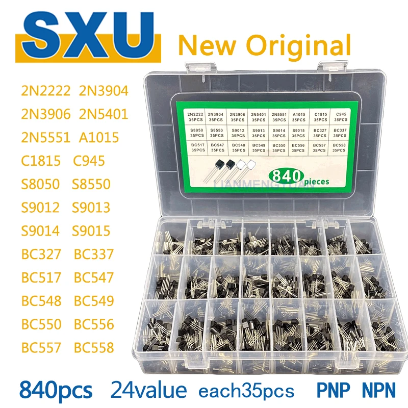 DIY Electronic kit 840 шт. 2N2222 2N 3904 3906 5401 2N5551 A1015 C1815 C945 S 8050 8550 9012 9013 9014 BC 9015 327 337 517 547 548 549 558