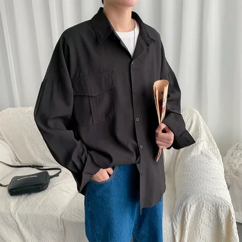 

Men's long-sleeved shirt 2019 autumn and winter new loose solid color casual wild long-sleeved shirt youth trend men's clothing