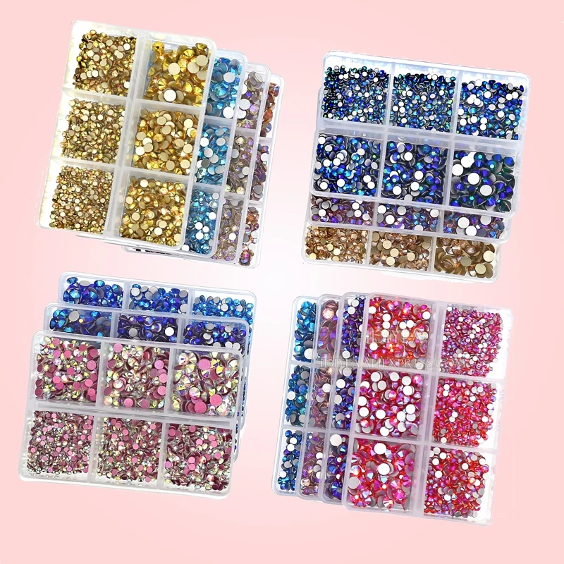 독특한 크리스탈 AB 1350 개/상자 믹스 크기 ss6-ss20 strass 비 핫 수정 라인 석 평면 다시 돌 유리 글리터 네일 다이아몬드 세트