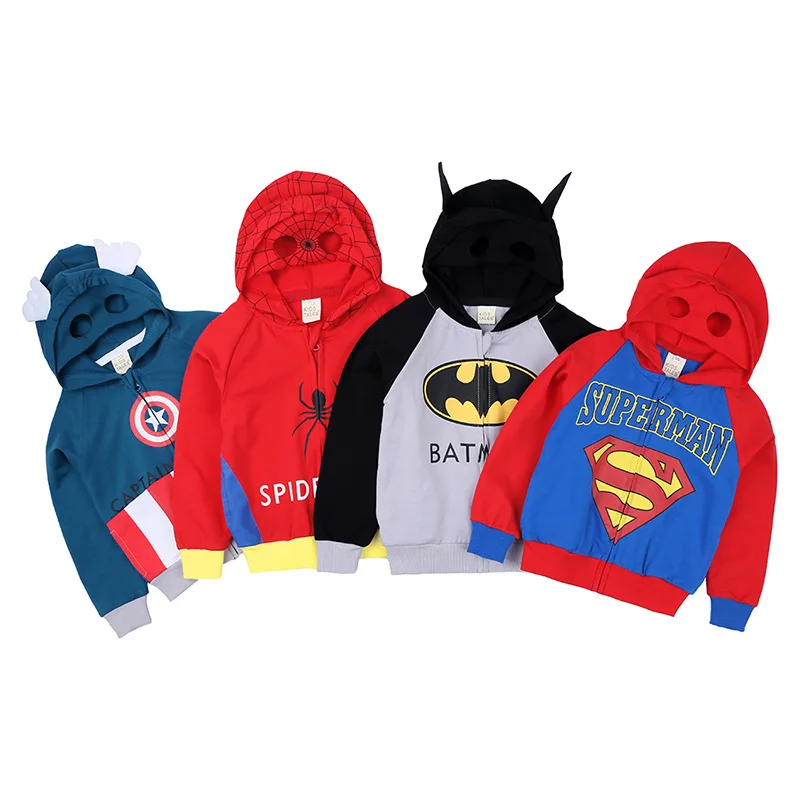 Детская куртка для мальчиков с героями мультфильмов; детская одежда для костюмированной вечеринки с длинными рукавами, капюшоном, на молнии, Бэтменом, человеком-пауком, капитаном, Суперменом; Верхняя одежда для младенцев