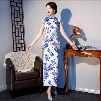 

Vintage Button Chinese Traditional Women Cheongsam Short Sleeve Long Dress Sexy Qipao Oversize 3XL Blue Print Flower Gown