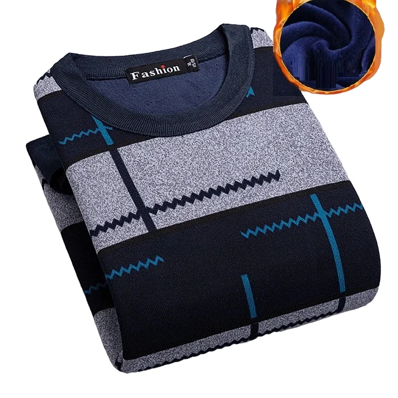 Sweater Men Winter Thin fleece O-neck Thermal Clothes Knitted Striple Slim Fit Pullover Pull Homme | Мужская одежда