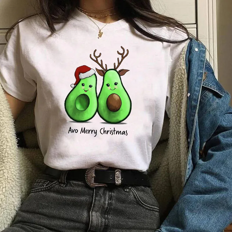 

Womens Deer Avocado cute Holiday Cartoon New Year Merry Christmas T-shirt Female T Tee Shirt Camisas Mujer Tshirt Women Tops