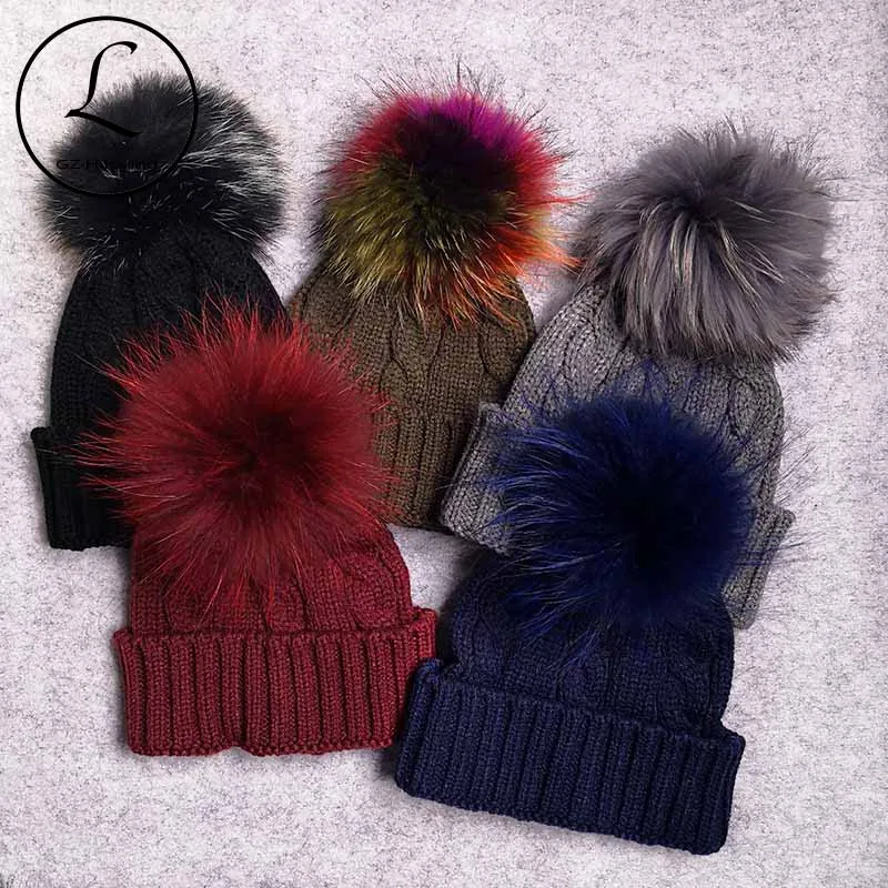 

Soft Wool Women Beanies Hats Real Fur Pompom Winter Warm Black Knitted Skullies Beanie Fur Ball Hat Caps Femme Girls Gorros