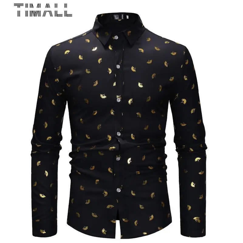 

TIMALL Gold Fan Print White Men Shirt Slim Fit Long Sleeve Mens Dress Shirts Casual Button Down Party Prom Male Social Shirt