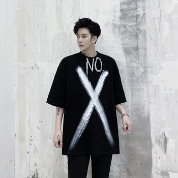 

EWQ / men's wear Summer tide personality letter pattern graffiti printing loose short-sleeved t-shirt hip-hop tops male 9Y1917