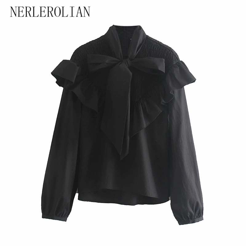 

NERLEROLIAN 2019 Women Black Shirts Long Ruffle Sleeve High Collar With Bow Cute Top Blouses