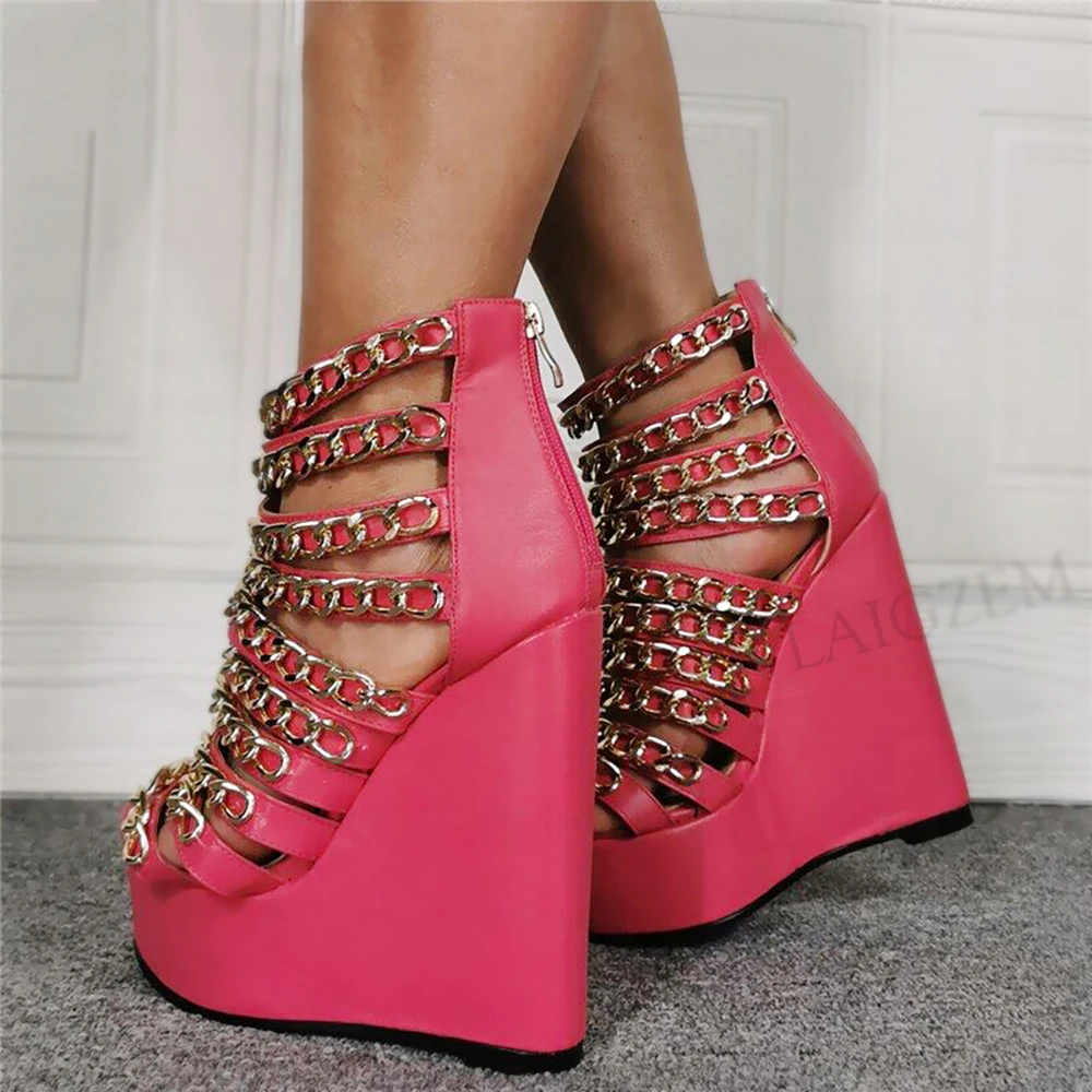 

DOHBANER Women Pumps Platform Wedges Metal Chains Sandals Height Increase Handmade Open Toe Shoes Woman Large Size 42 47 50 52
