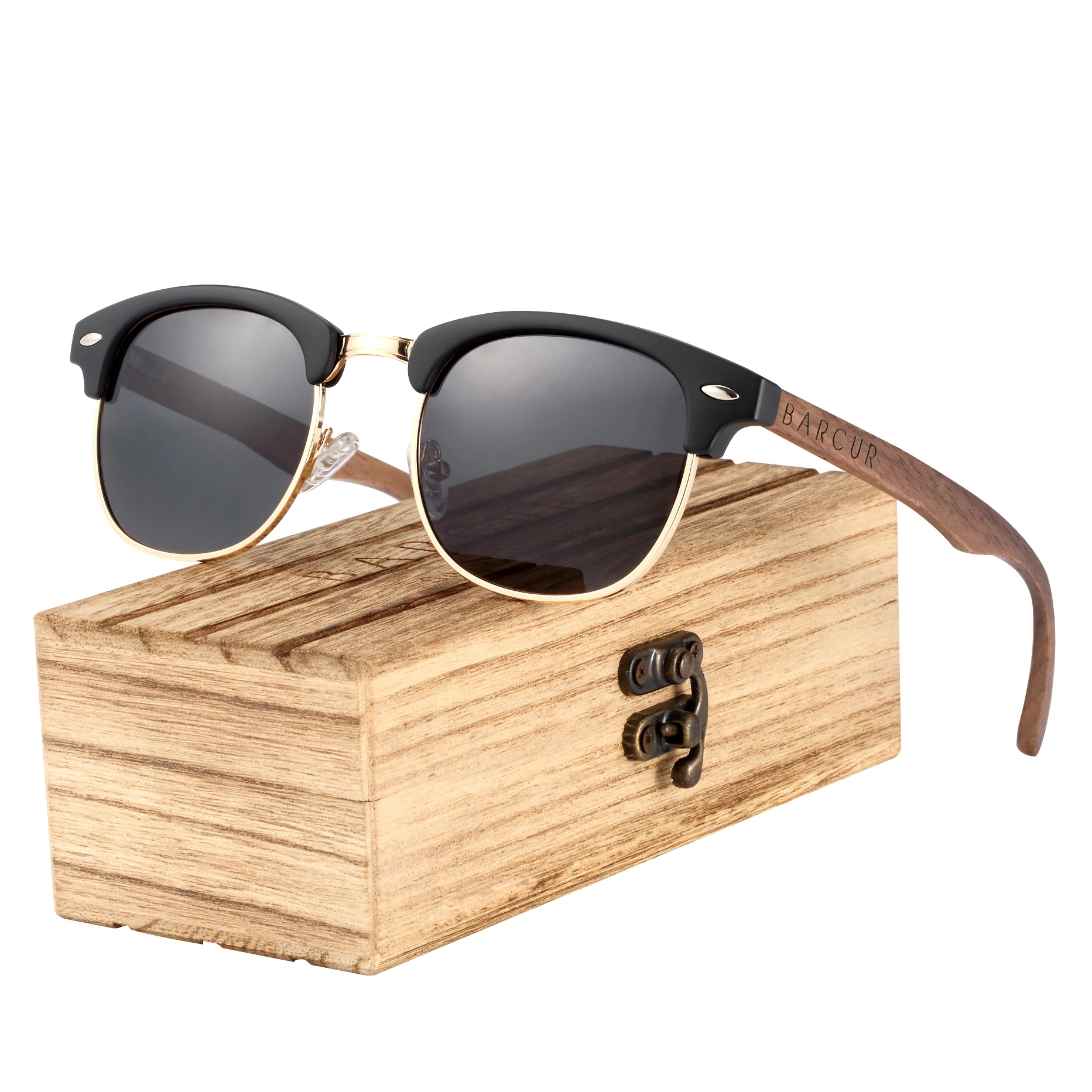 BARCUR Classic Black Walnut Wood Sunglasses Men Polarized Sun Glasses Women Handmade Wood Eyewear Oculos 18
