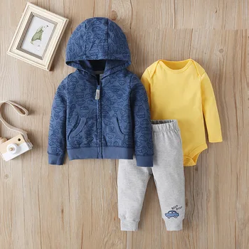 

Children's Clothes 2020 Autumn New Newborn Dark Blue Jacket Baby Boys Cartoon Sweatshirt Trousers Yellow Romper Three-piece Suit