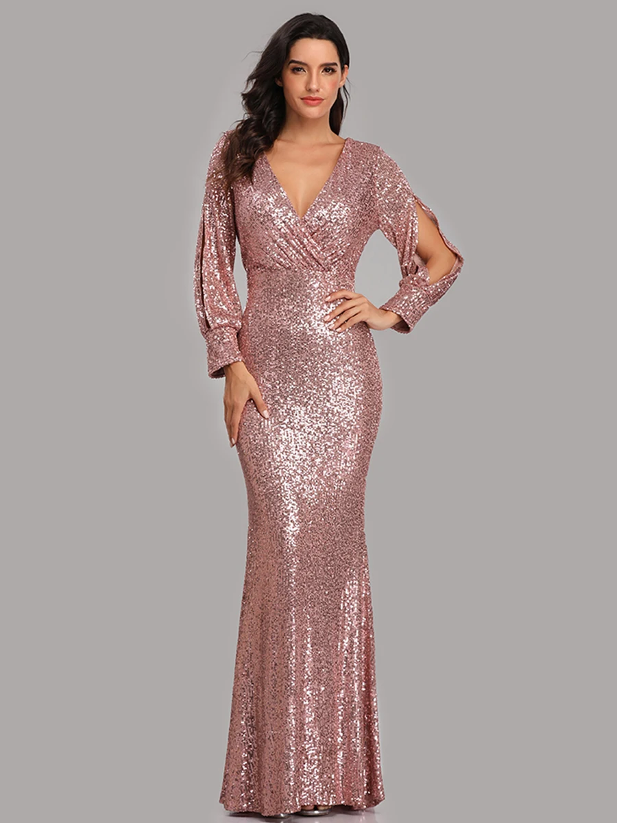 Skyyue, вечерние платья, длинное, расшитое блестками, элегантное, Robe De Soiree,, глубокий v-образный вырез, разрез, официальное платье, полный рукав, вечернее платье LT008