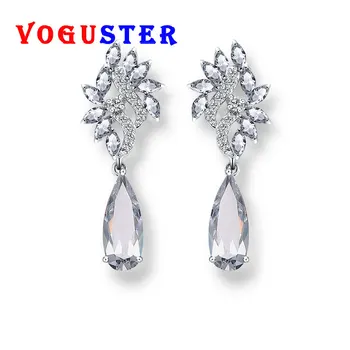 

Long Teardrop CZ Crystal and White Gold Color Bridal Drop Earring