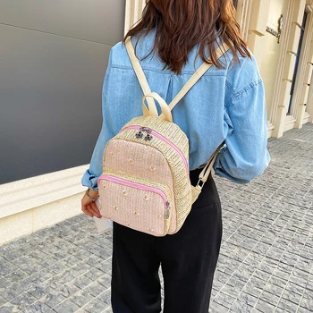

Summer Fashion Women Straw Backpacks Sunflower Weave Shoulder Beach Ladies Woven Bagpack Schoolbag for Teenage Girl