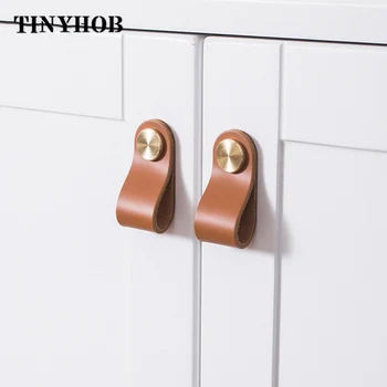 

European-Style Cowhide Small Wardrobe Drawer Door Pull Genuine Leather Handle Kitchen Cabinet Handles Furniture Knobs hole96/128