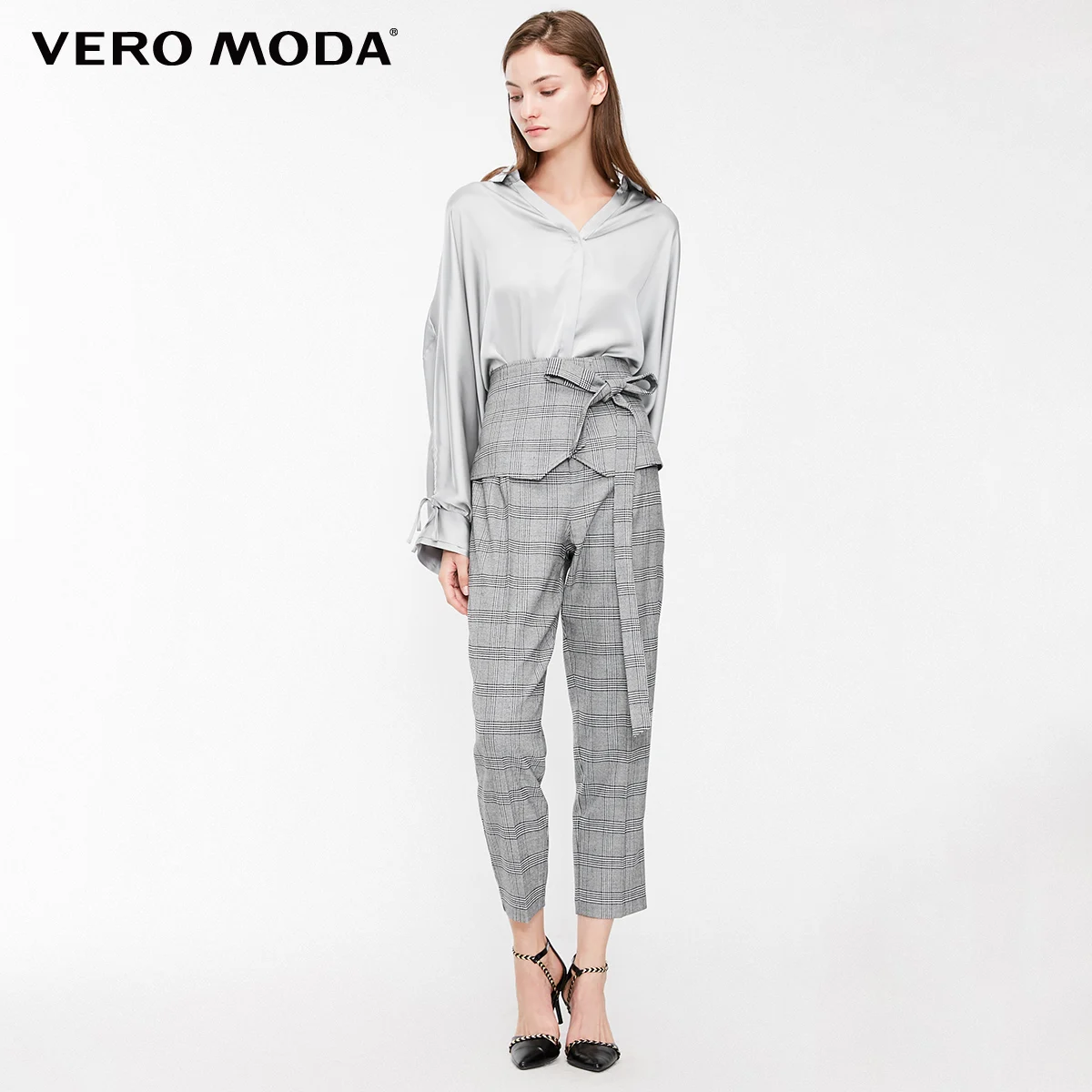 Vero Moda Новые поступления OL стиль женские на шнуровке с высокой талией клетчатые повседневные укороченные брюки | 318450510