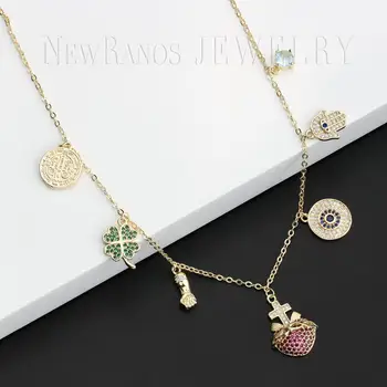 

Newranos Turkish Evil Eyes Hamsa Hand Necklace Multi Color CZ Zircons Cross Pendant Chain Necklace fr Fashion Jewelry NWX0021604