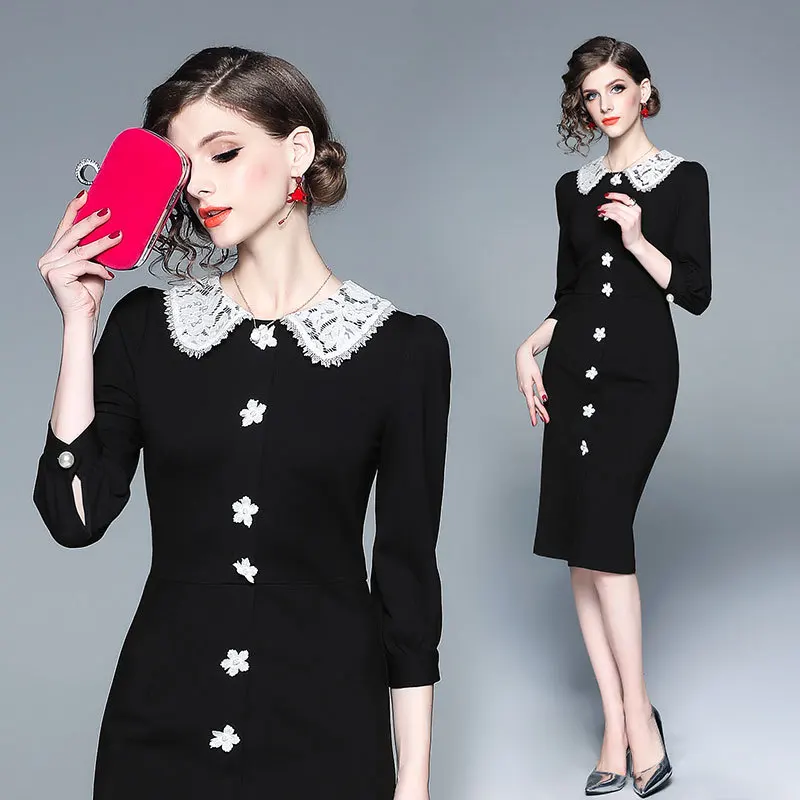 

Ozhouzhan 2019 Early Spring New Style Catwalk Models Hepburn Sheath Long Sleeve Black round Neck Dress Rome Fabric