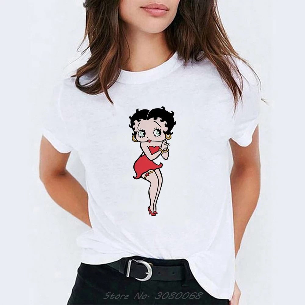 Camiseta Mujer Betty Boop езда на велосипеде Vogue принцесса мультфильм печати белый хлопок Футболка для женщин эстетический стиль Kpop футболка Femme