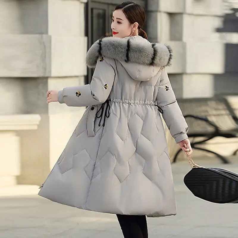 Embroidered down cotton padded women's medium length winter new Korean version loose waisted cotton padded jacket padded