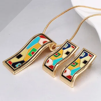 

zlxgirl high quality Geometry Enamel Stainless steel pendant & earring jewelry sets Europe Brand gold chain necklace ear sets