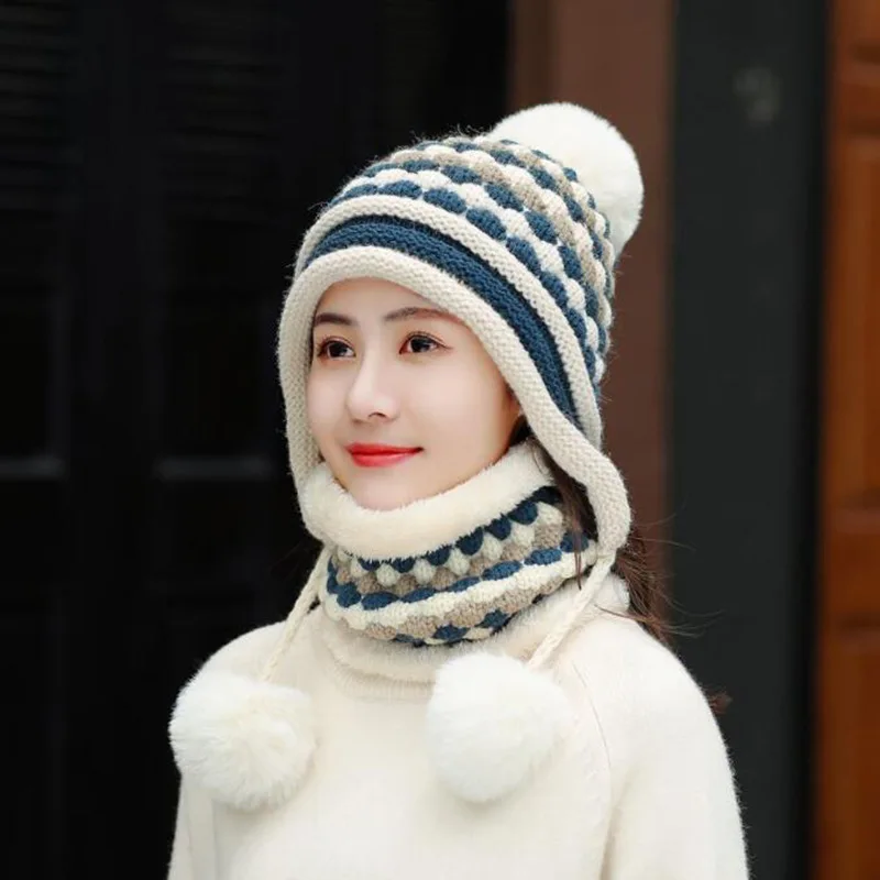 BINGYUANHAOXUAN Новое модное женское зимнее, связанное из шерсти шапка женская шапочки с шарфами теплые зимние шапки для девочек шапочки - Цвет: Hat scarf beige