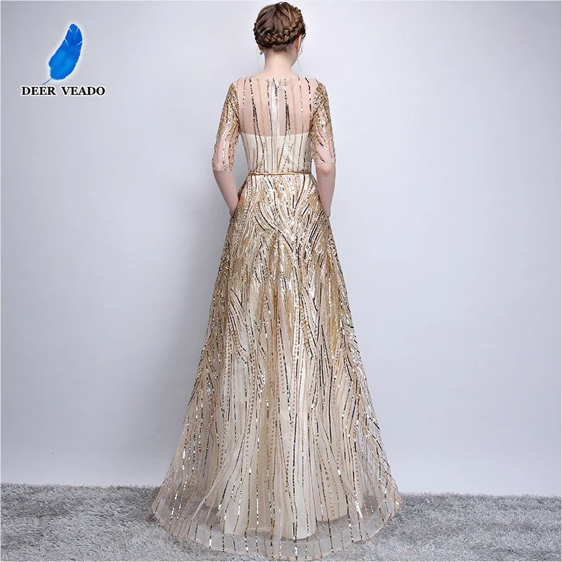 DEERVEADO Robe De Soiree, короткие рукава, Длинные вечерние платья с поясом, с блестками, торжественное платье для женщин, Платья для вечеринок YS449