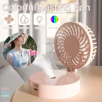 

NEW Folding Misting Fan Mini Handheld Water Mist Fan USB Rechargeable Air Conditioning Humidifier with Colorful LED Night Light