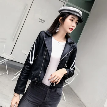 

Fashion Women's Leather Sequins Jackets Autumn Black & Red Simple PU Faux Leather Motorcycle Jacket Streetwear Hip Hop Outwear