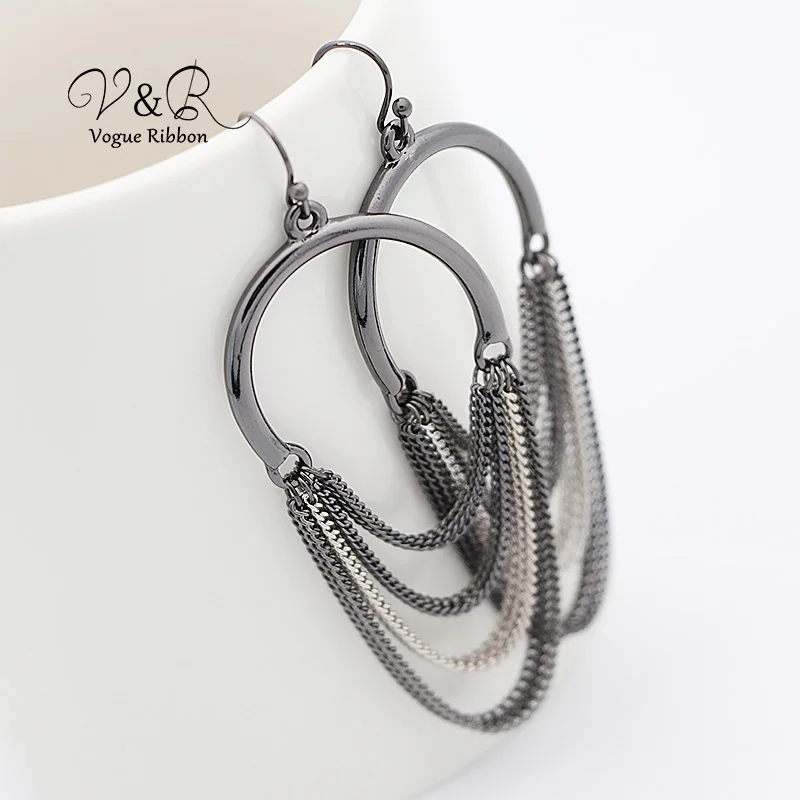 Imitation rhodium and hematite plated drop earring, with chain tassel, fashion jewelry for woman, basic metal style  (5)