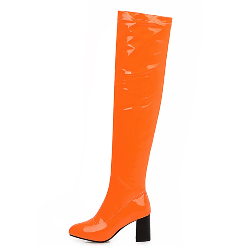 

Plus Size 48 Fashion Over the Knee Boots Women Sweet Candy Red Yellow Green Thigh High Boots Square High Heels Party Shoes Lady