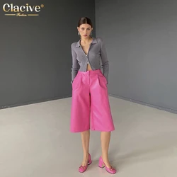 Clacive verão rosa do plutônio de couro das mulheres shorts elegante solto cintura alta senhoras shorts moda sólida escritório mulher roupas 2022
