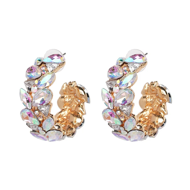 

2019 Fashion ZA Full Rhinestone Large Big Hoop Earrings for Women Shining C Shape Round Hoop Earrings Women Girl Ear Rings