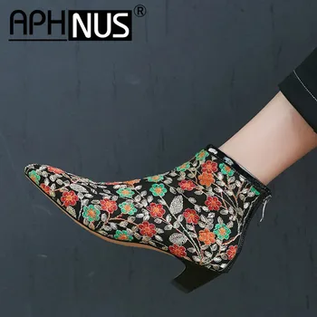 

APHNUS Womens Boots Embroidery Flowers Short Ankle Booties Mid Low Heels Pumps Woman 2020 Shoes For Women New Boot