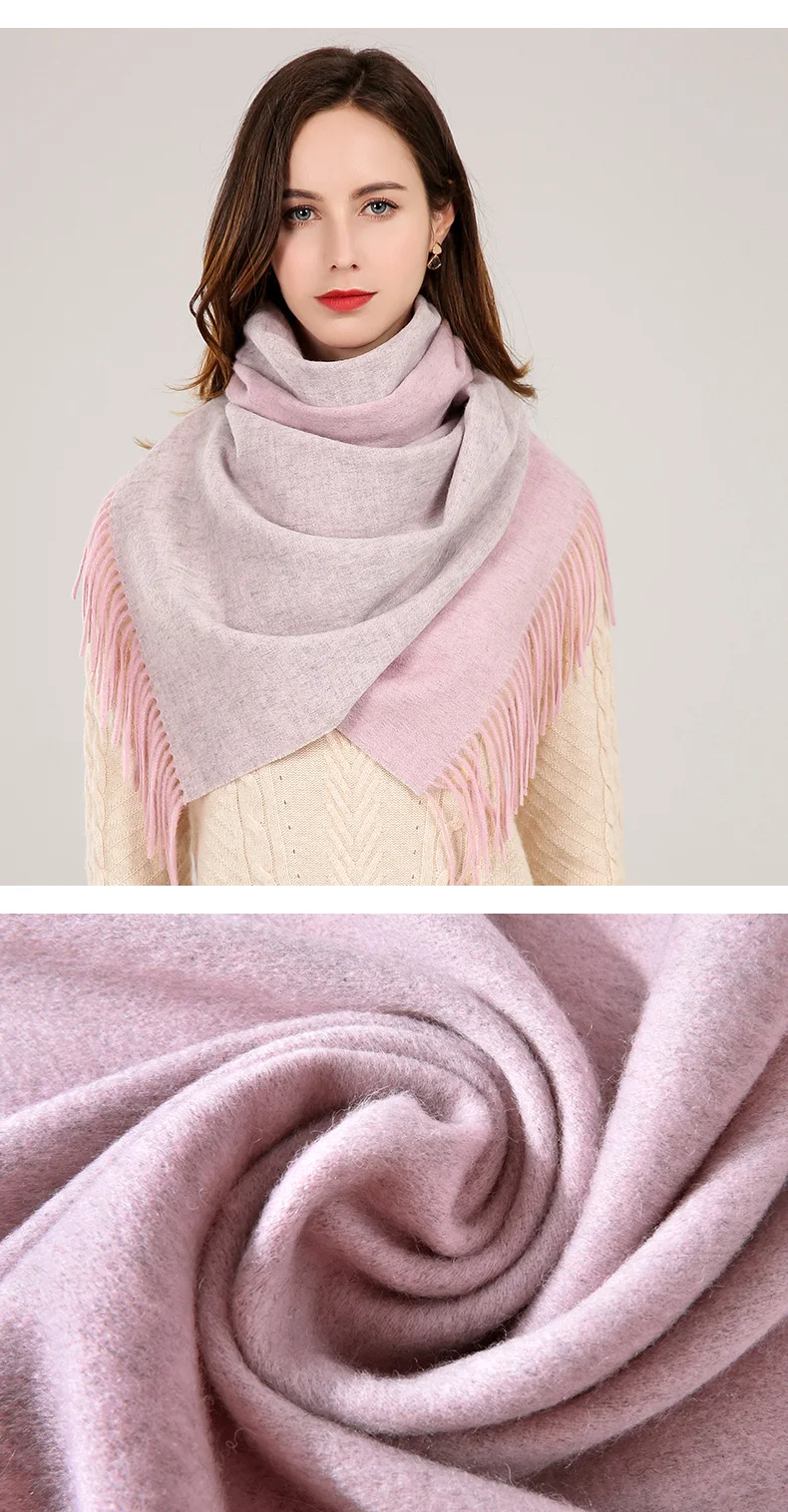 Двусторонние женские шарфы из чистой шерсти, двухсторонние теплые кашемировые шали и палантины для женщин, одноцветные серые зимние шерстяные шарфы