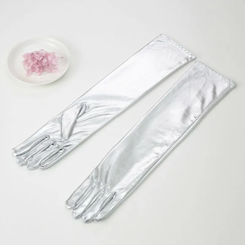 43 см блестящие золотые/Серебряные Длинные свадебные перчатки для невесты Femme длиной до локтя Свадебные перчатки Вечерние перчатки свадебные аксессуары
