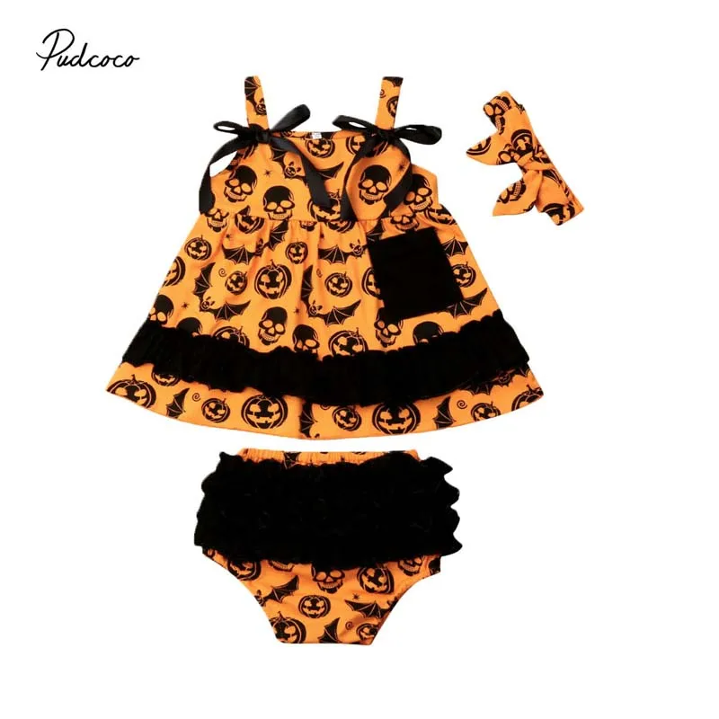 

2019 Brand Cute Halloween Infant Kids Baby Girls Pumpkin Bat Tops Shorts Outfit Set 0-3Y