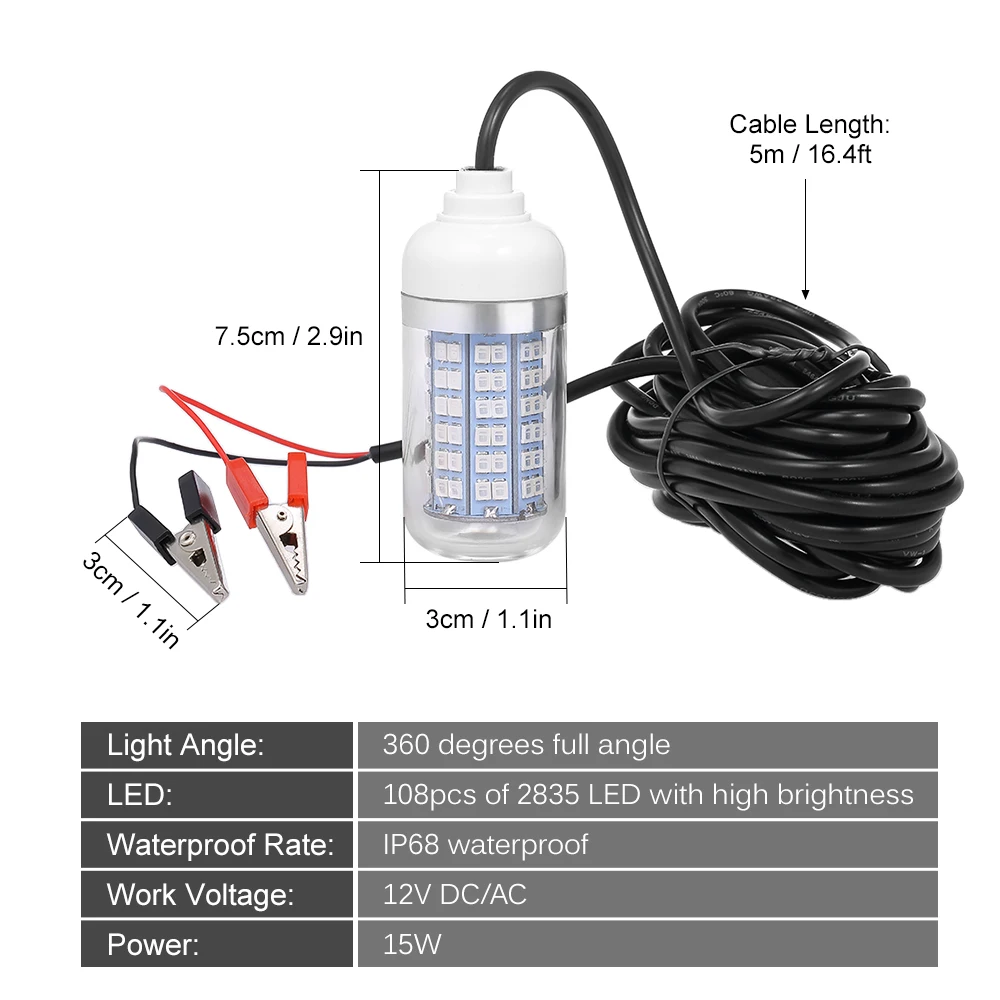 

12V 15W Underwater Fishing Light LED Lamp Fish Finding System 108pcs of 2835 LED Fish Attracts Lure Lamp for Carp Pesca