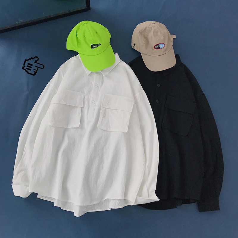 

2019 Men's Summer New Casual Simple Pocket Decorative Lapel Shirt Loose Temperament Trend Cotton Long Sleeve Camisa Masculina