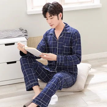 

Spring and Autumn Long Sleeve Men Cardigan Fold-down Collar Pure Cotton Tracksuit Loose-Fit MEN'S Wear Trous Pajamas