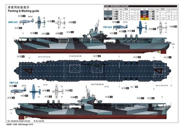 트럼펫 05629 1/350 스케일 USS 레인저 CV4 CV-4 1942 항공 모함 군사 조립 플라스틱 장난감 모델 구축 키트