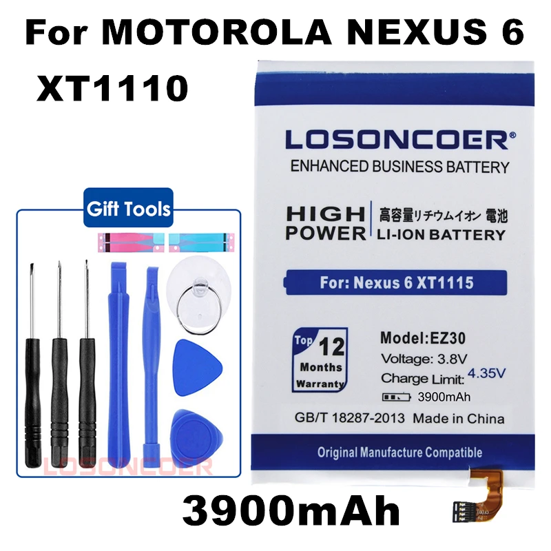 Аккумулятор LOSONCOER 3900 мАч EZ30 для Motorola Nexus 6 Google Nexus6 XT1115 XT1110 xt1103, бесплатные инструменты, подставка, держатель, наклейки