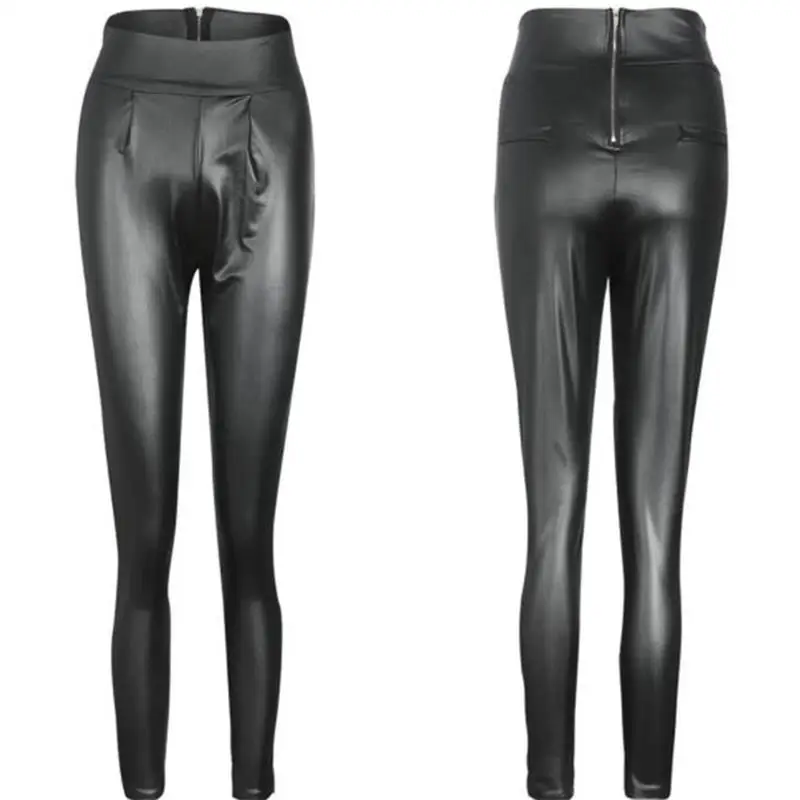 Стильные женские узкие брюки из искусственной кожи с молнией сзади и высокой талией, черные сексуальные Клубные Обтягивающие Брюки с карманами для осени и зимы, женские брюки